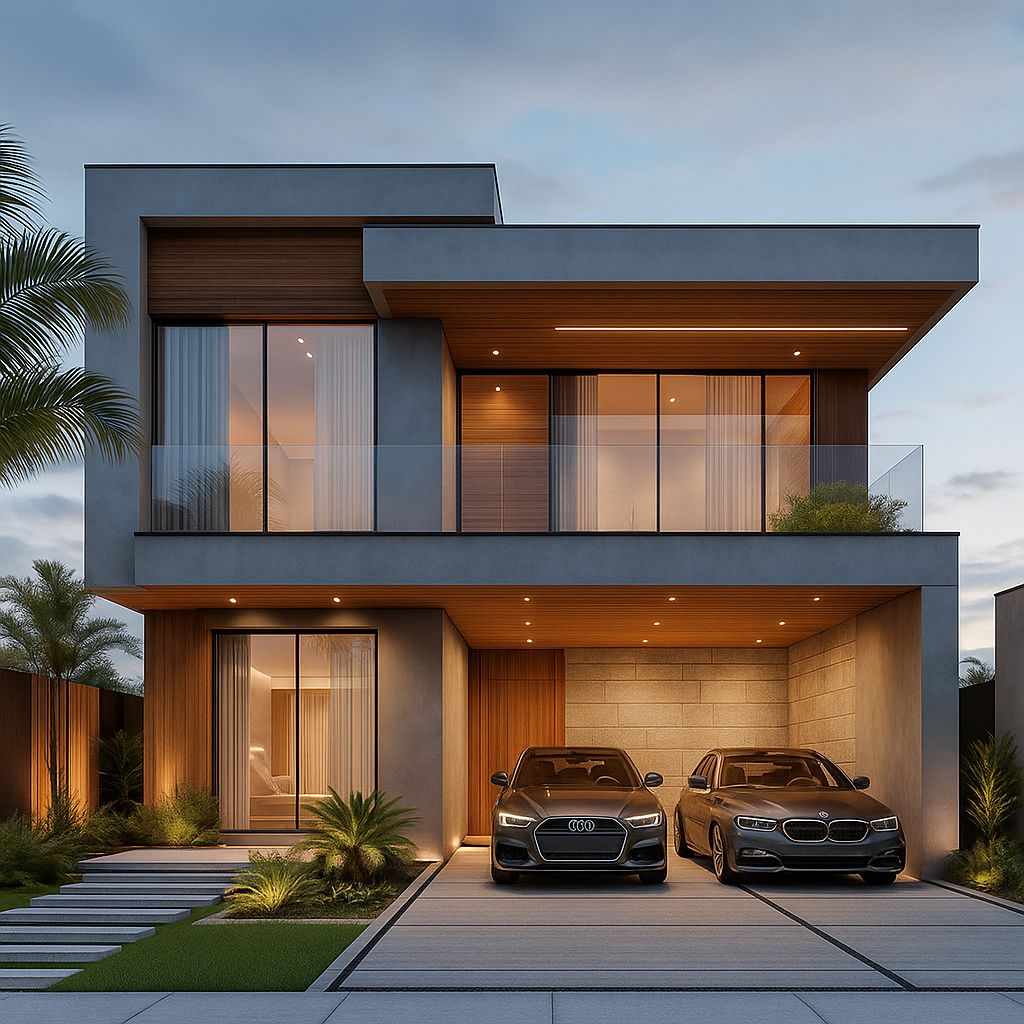 Fachada de vivienda moderna al atardecer con ventanales de vidrio y baranda templada en el balcón